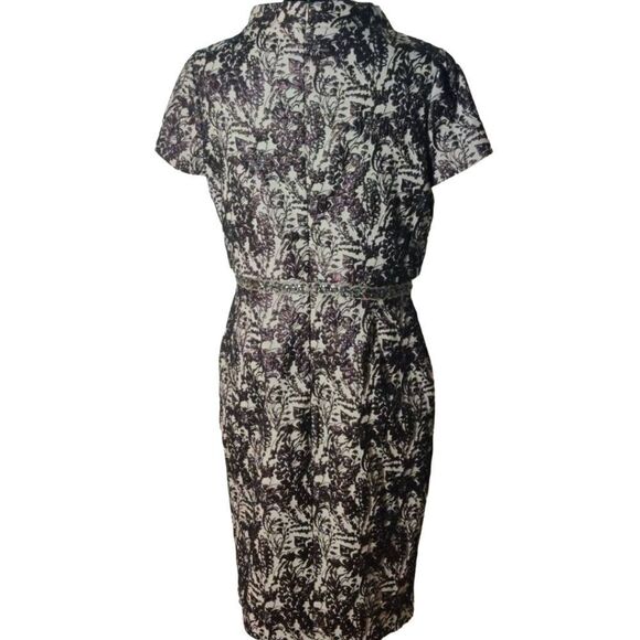 Badgley Mischka Size 14 Purple Floral Leaf Print Cocktail Midi Dress - Picture 2 of 7